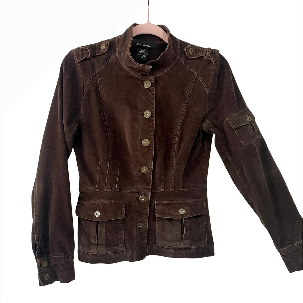 Vintage Calvin Klein Jeans Brown Corduroy Utility Military Jacket Sz S Utility